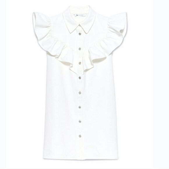 ZARA Denim Prairie Sleeveless Flounced Button Front Shirt Dress M Oyster White - Picture 4 of 10